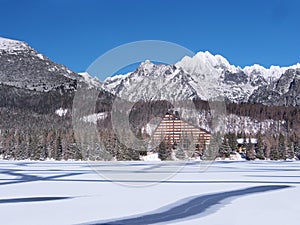 Frozen surface of Strbske Pleso (Tarn)