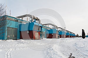 Winter view on gas compressor station in Ukraine. The equipment at gas field