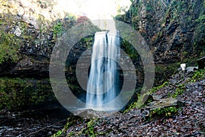 Winter view of Henrhyd Falls near Coelbren, the highest waterfall in South Wales, UK