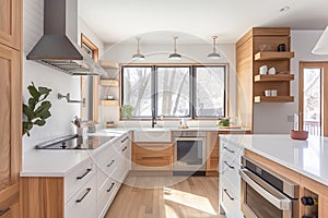 Winter View from a Modern Scandinavian Kitchen with Natural Wood