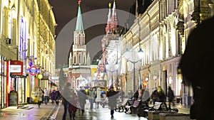 Winter view of Nikolskaya street timelapse in Moscow,Russia.