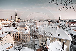 Winter View of the old town of Tallinn.Snow-covered city near the Baltic sea. Estonia
