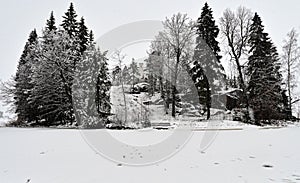 Winter view on park Monrepo in Vyborg, Russia