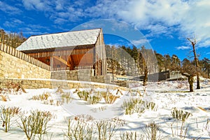 Winter view of park near Postojna cave Slovenia