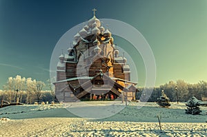 A winter view of the of Pokrovskaya church at Bogoslovka manor in the Christmas time.