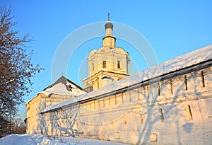 Winter view of the Refectory And the Church of the Archangel Michael in Spaso-Andronikov monastery in Moscow, Russia