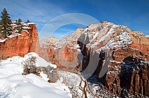 Winter View from Scouts Lookout on Angels Landing Hiking Trail in Zion National Park in Utah