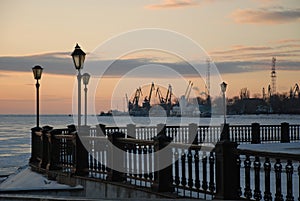 Winter view on seaport from quay in Taganrog. photo