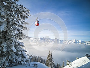 Winter view from the slopes in Alps.