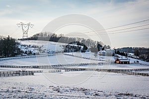 Winter view of snow covered farm in rural Carroll County, Maryland.