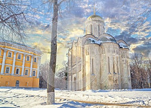 Winter view of the St. Demetrius Cathedral of the Russian city of the Golden ring of Vladimir