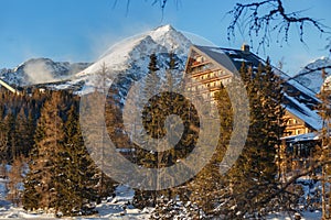 Winter view of the Strbske pleso village with hotel, coniferous forest and snowy peaks.