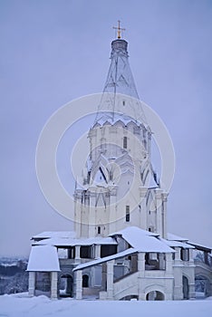 Winter view to Ascension Church after snowfall, Kolomenskoye, Moscow, Russia