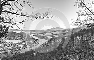 Winter view for valley of river Labe in frosty snowy landscape