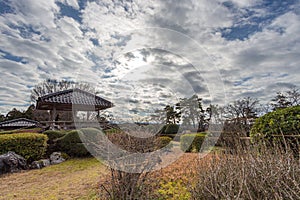 Winter view of viewpoint under dramatic cloudscape at Ishikawaken Forest Park, Kanazawa, Japan