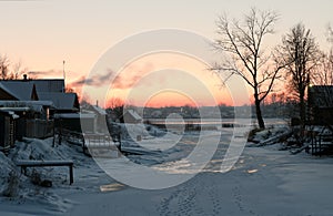 Winter view on the Volkhov river after sunset