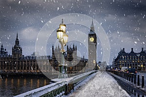 Winter view of the Westminster Bridge and Big Ben clocktower in London