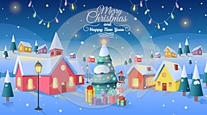 Winter village. Christmas background with christmas tree and houses. Vector cartoon illustration