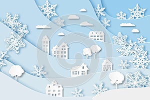 Winter village. Christmas holidays white landscape with house, snowing trees and snowflake vector cut paper decoration