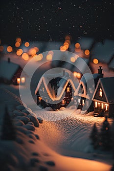 Winter village with christmas lights in the background. Christmas background.
