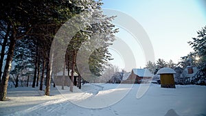 Winter village houses glidecam shot