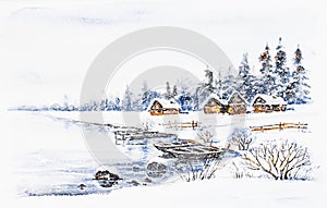 Winter village landscape with boats on frozen river