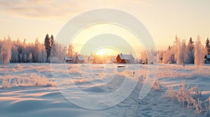 Winter Village Landscape: Scenic Images Of Rural Finland In Amber-light