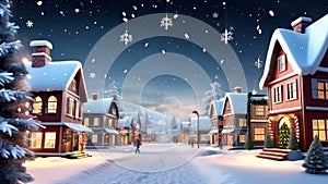 Winter village at night with houses and snowflakes 3D rendering. AI generated.