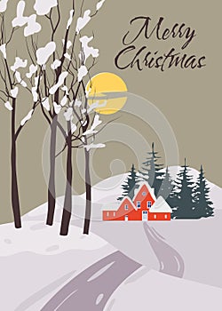 Winter village rural winter snow landscape, Merry Christmas retro greeting card