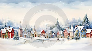 A Winter Village Scene with a Church, Snowy River, and Rounded H