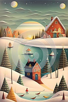 Winter village on the shore of a lake, winter landscape. Christmas card. Surreal, abstract, bright and unusual card