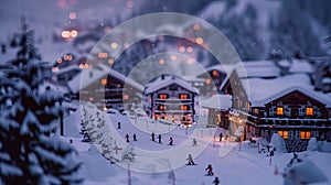 Winter village, ski resort with cozy houses under snow, tilt shift, evening time