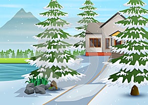 Winter village with snow on the background