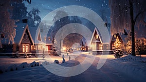 Winter village with snow covered houses at night, AI