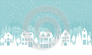 Winter Village with snowfall. White silhouettes of houses, trees and pines. Christmas Holiday background in a minimal style.