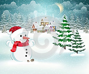 Winter village and snowman in Santa hat