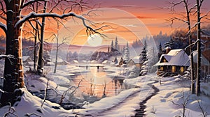 Winter Village At Sunset A Calm And Romanticized Painting
