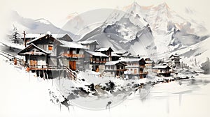 Winter Village Watercolor Painting Unreal Engine Style With Oriental Minimalism