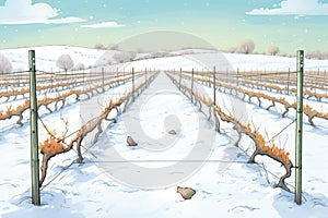 winter vineyard with animal tracks between vine rows