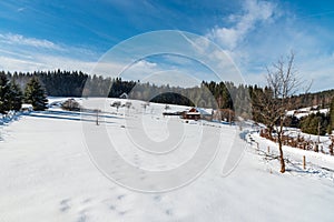 Winter on Vysni Mohelnice bellow Lysa hora hill in Moravskoslezske Beskydy mountains in Czech republic