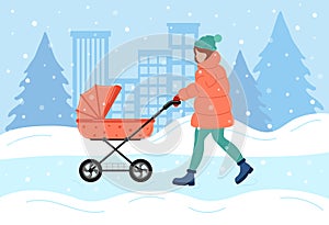 Winter walk of young mother with baby stroller. Woman in winter outerwear pushing pram for newborn, carriage for little child.
