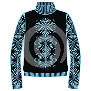 Winter warm sweater handmade, svitshot, jumper for knit, black and blue color. Design - snowflakes jacquard pattern.