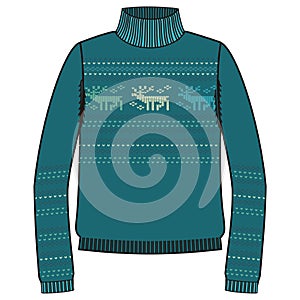 Winter warm sweater handmade, svitshot, jumper for knit, turquoise color. Design - snowflakes, reindeer jacquard pattern.