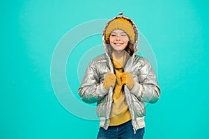 Winter warmness. accessories shop for kids. enjoy weather on christmas holidays. smiling stylish child. autumn season