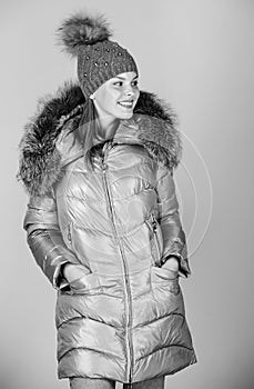 Winter warmness. happy winter holidays. New year. woman in padded warm coat. beauty in winter clothing. cold season