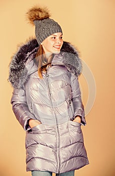 Winter warmness. happy winter holidays. New year. woman in padded warm coat. beauty in winter clothing. cold season