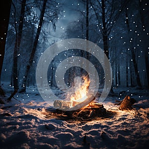 Winter warmth Bonfire in snowy forest with falling snowflakes