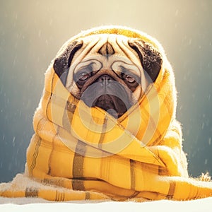 Winter warmth Pug dog cozily rests under a yellow blanket