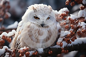 Winter Watcher White Owl Perched on a Snowy Branch with Red Berries