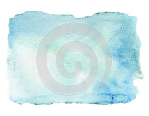 Winter watercolor background in pastel cyan mint color. Design backdrop for painting sky or sea with wet stains. Decor